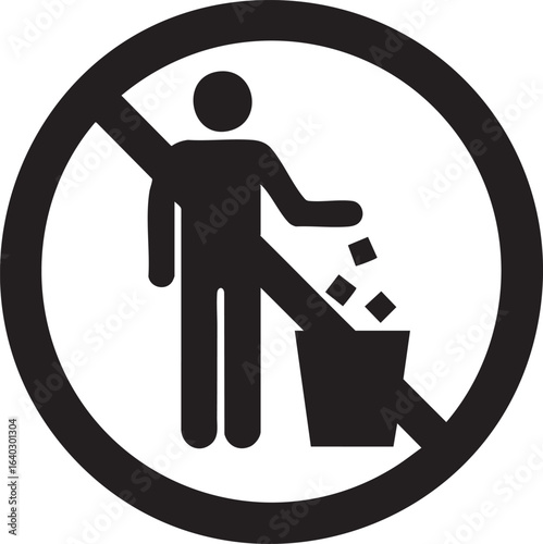 A bold red circle with a diagonal line across a stylized silhouette of a trash can signifying a prohibition against discarding waste in public areas