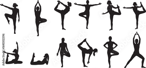 Silhouettes of people performing various yoga poses isolated on a white background
