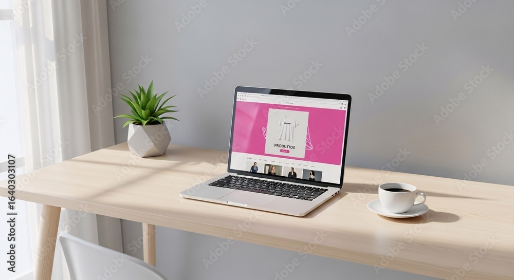 Fototapeta premium Laptop on desk with pink screen, plant, and coffee cup in a bright, minimalist workspace setting indoors