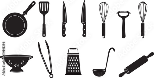Collection of kitchen utensils and cooking tools, isolated on a white background.
