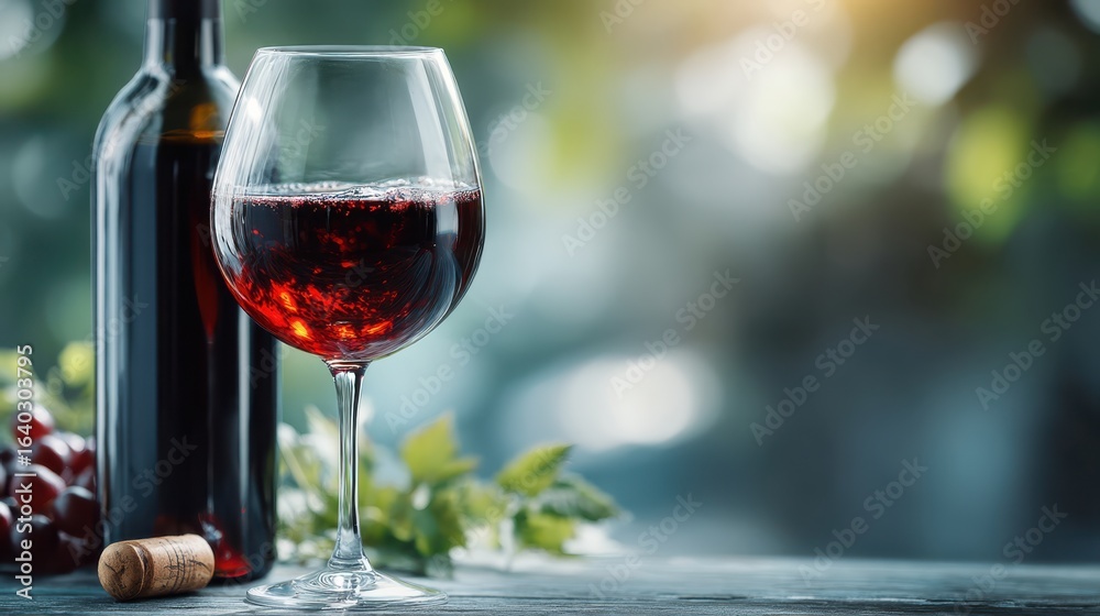 A glass of red wine sits beside a bottle and grapes, evoking a relaxed atmosphere with a soft, blurred background. A glass of red wine sits beside a bottle and grapes, evoking a relaxed atmosphere with a soft, blurred background.