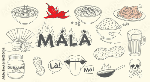 Sichuan Málà Icon Set with a Red Accent. A hand drawn vector illustration of spicy and numbing Chinese food. A doodle clipart of chili and peppercorns for a restaurant menu design.