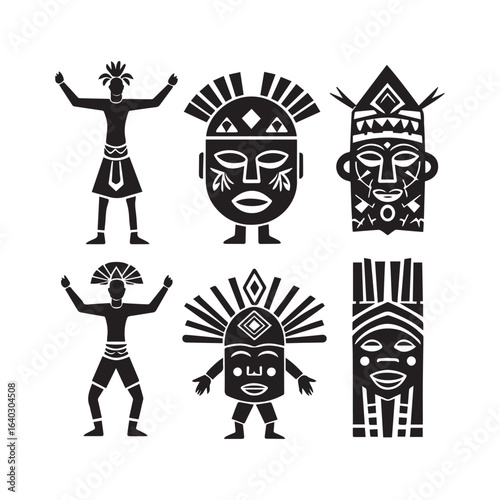 Vector art of collection of six stylized african tribal masks and figures in black silhouette isolated on a white background, representing cultural heritage and traditional art forms