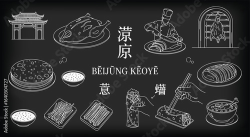 Peking Duck Icon Set on a Chalkboard. A white hand drawn vector illustration of traditional Běijīng Kǎoyā. A doodle clipart of a Chinese roasted duck dinner for a restaurant menu design.