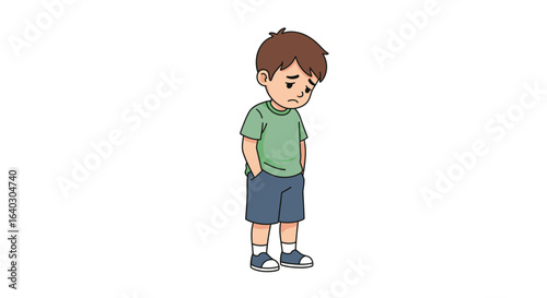 Vector illustration of a little boy looking sad and unhappy. A lonely child with a melancholic expression isolated on a white background.