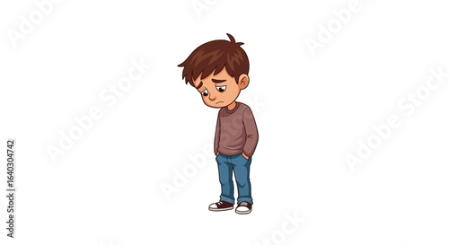 Sad cartoon boy looking down with a disappointed expression. Vector illustration of a dejected child feeling lonely and upset.