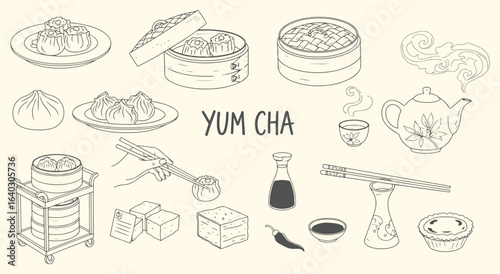 Yum Cha Dim Sum Icon Set. A hand drawn vector illustration of traditional Cantonese food and tea. A doodle clipart of a steamer, shumai, and teapot for a restaurant menu and tea house design.