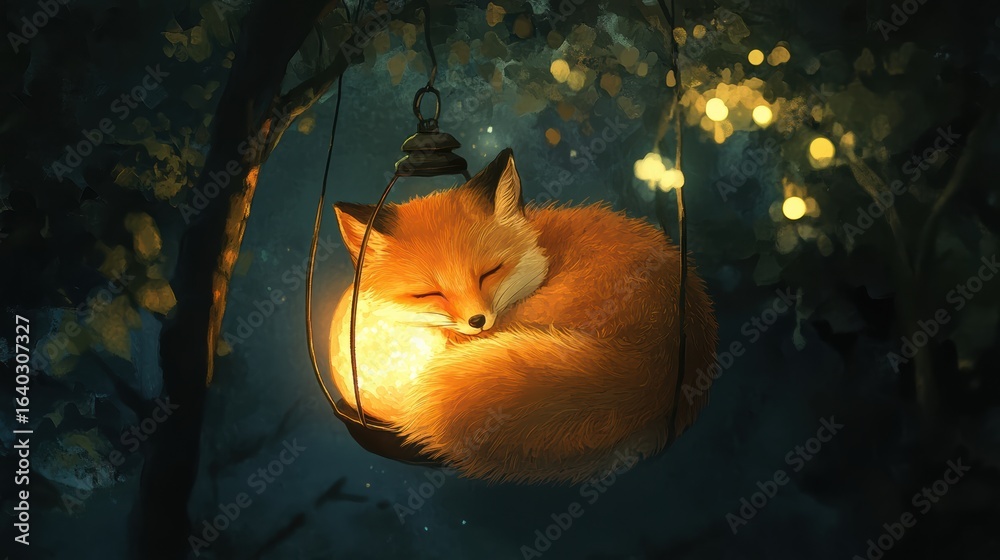 Obraz premium A serene fox sleeps peacefully in a glowing lantern, surrounded by a magical forest ambiance filled with soft light and warmth.