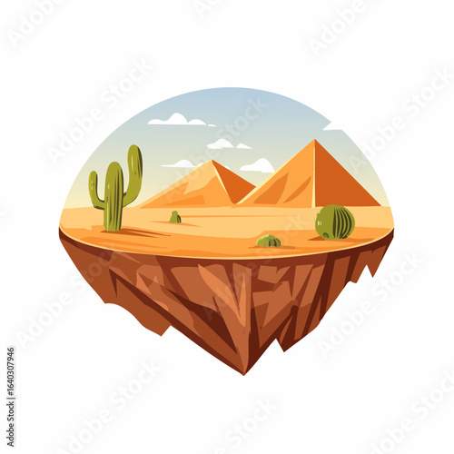 Egyptian-style boat illustration on a serene summer lake with mountains and a sunset sky