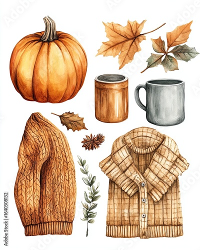 Cozy fall vibes with warm clothing and pumpkins.