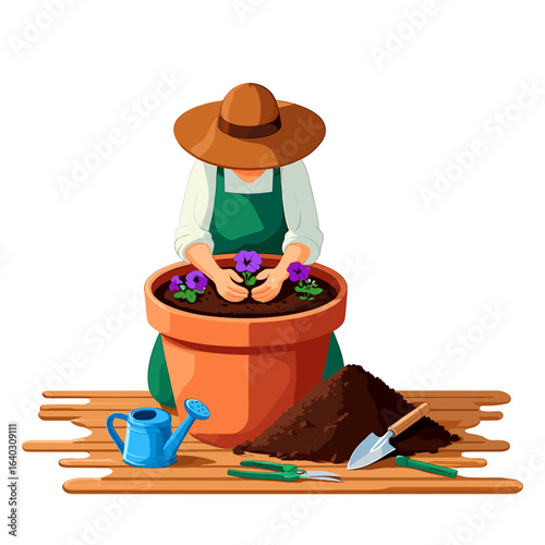 Engaging Gardener Planting Colorful Flowers in a Large Terracotta Pot on a Wooden Surface