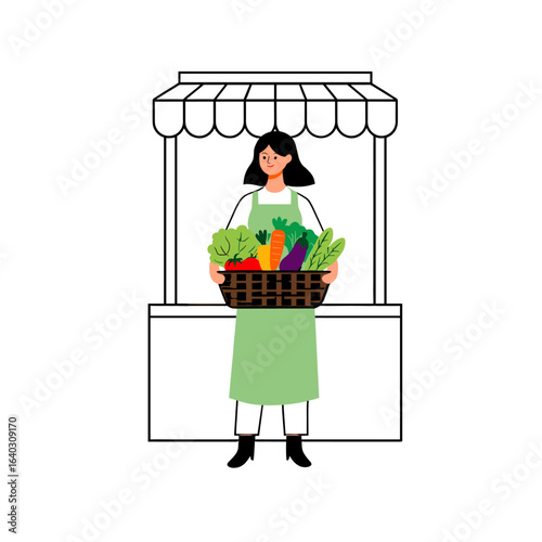 Woman at market stall holding basket of fresh vegetables, promoting healthy eating and sustainability