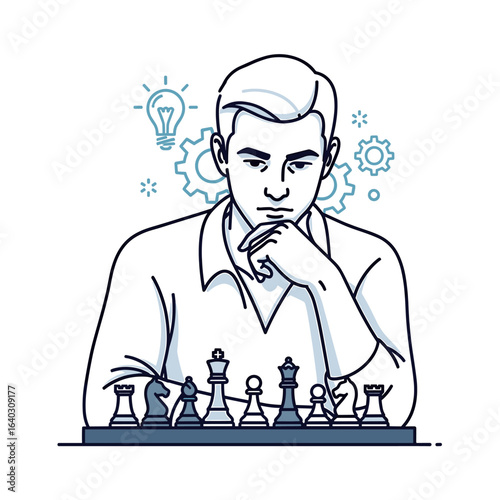 Thoughtful young man strategizing over a chessboard with gears and light bulb illustrations behind him