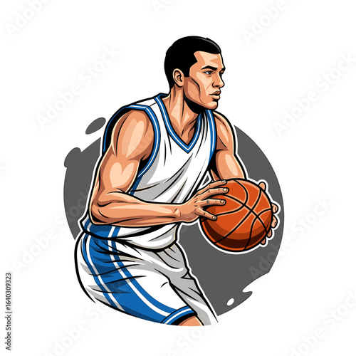 Dynamic Basketball Player Dribbling with Intensity and Focus in a Vibrant Graphic Style Illustration