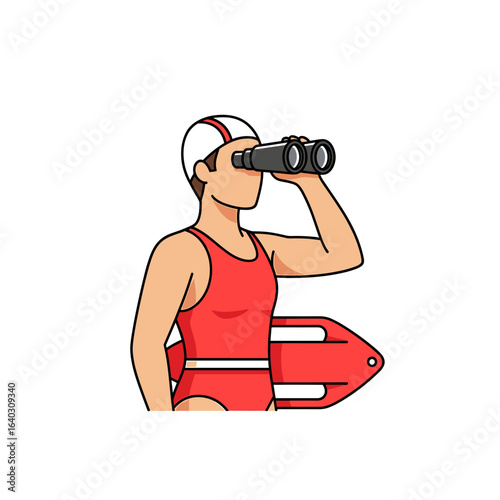 Lifeguard in red swimsuit looking through binoculars, ready to ensure beach safety and fun