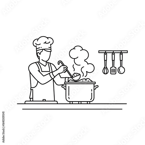 Chef Cooking Delicious Meal in Kitchen with Steam Rising from Pot and Utensils Hanging Nearby