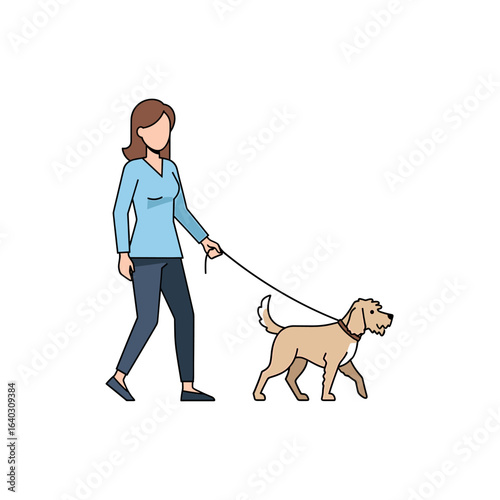 Woman Walking Her Dog in a Relaxed Urban Setting with a Friendly Atmosphere and Sunshine