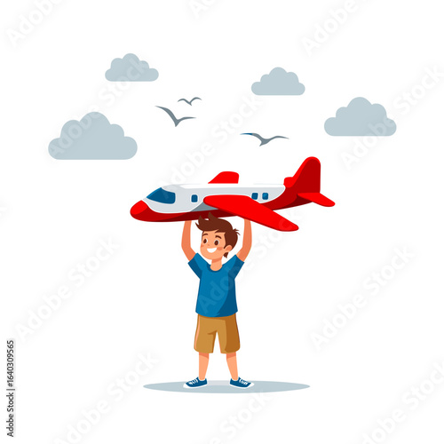 Young boy joyfully playing with a toy airplane under a cloudy sky filled with birds.