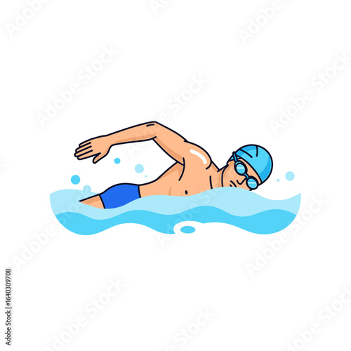 Male swimmer performing freestyle stroke in clear water, showcasing athleticism and gracefulness in motion
