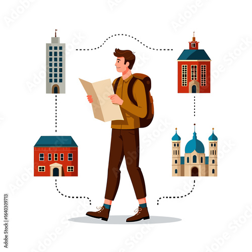Young traveler exploring city landmarks while holding a map in a vibrant cartoon illustration
