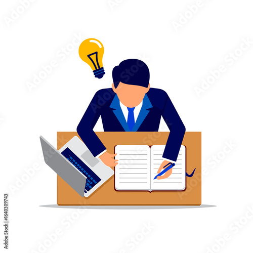 Professional man working diligently at a desk with a laptop and notebook while brainstorming ideas