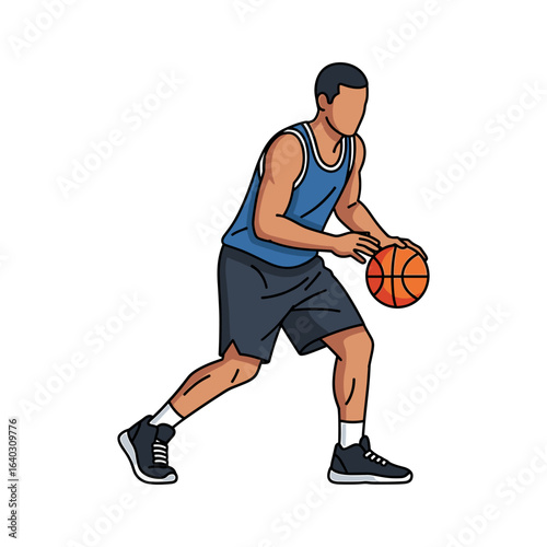 Young basketball player dribbling a ball while wearing athletic clothing on a court surface