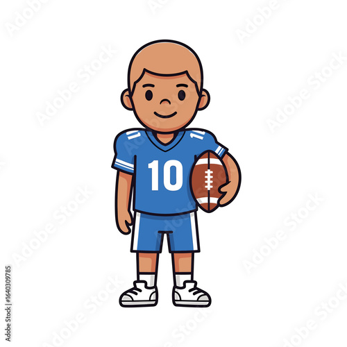 Cheerful cartoon boy in blue football uniform holding a football, smiling and ready to play
