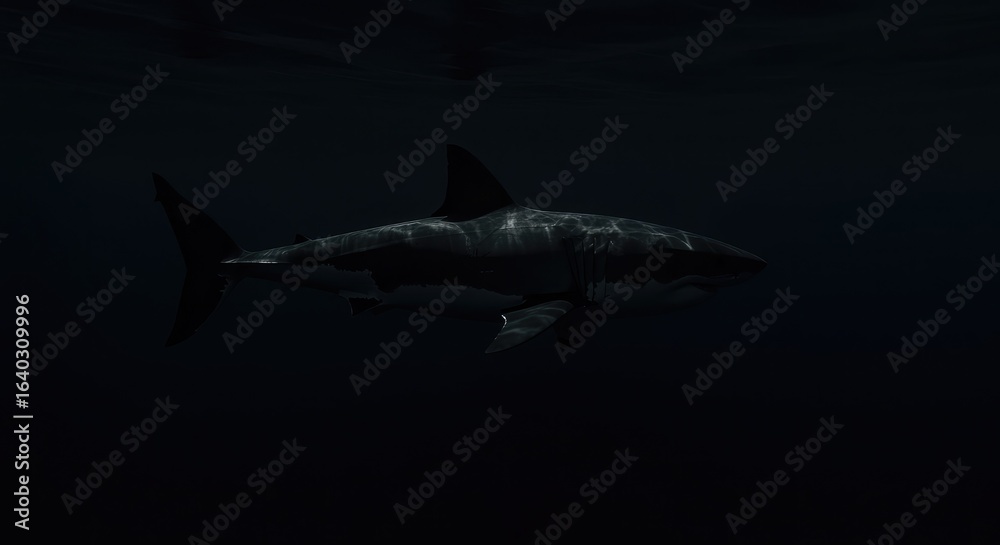 Fototapeta premium Majestic great white shark glides powerfully through dark, deep ocean waters with subtle light reflections highlighting its sleek form