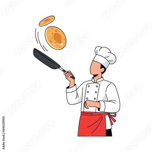 Chef skillfully tossing pancakes into the air with a frying pan in a playful kitchen setting