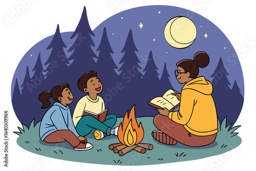 People sitting around campfire telling stories	