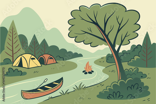 Scenic riverside campsite with tents, canoe, and bonfire in lush greenery	