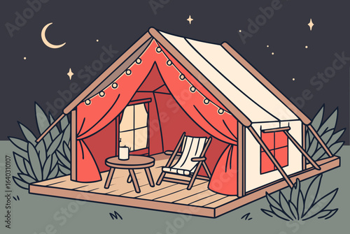 Elegant glamping tent with fairy lights and cozy furniture	