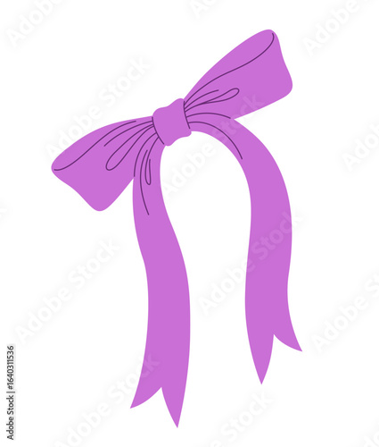 Ribbon bow hand drawn cute vector illustration. Trendy elegant tape design element for celebrating Valentines Day, wedding birthday decoration. Cartoon bow tie knot gift ribbon, silk hair accessory