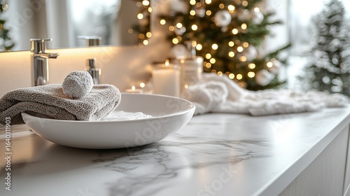 Bathroom counter with towels and bowl decorated for christmas holiday season.