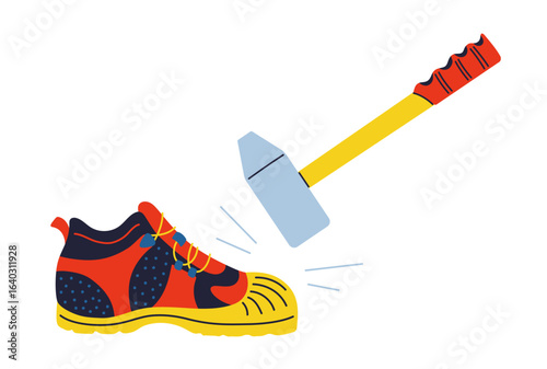 Safety protective shoes for a construction worker. Illustration metal toe cap in work boot. Hammer falls on foot. Worker footwear builder mechanic plumber carpentry service Professional shoes vector