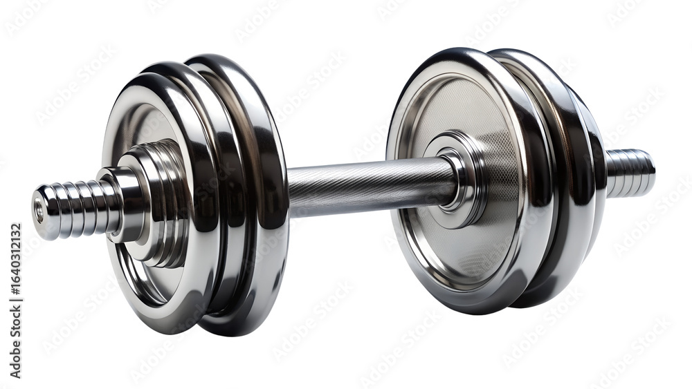 Fototapeta premium Shiny chrome dumbbell with adjustable weight plates isolated on transparent background