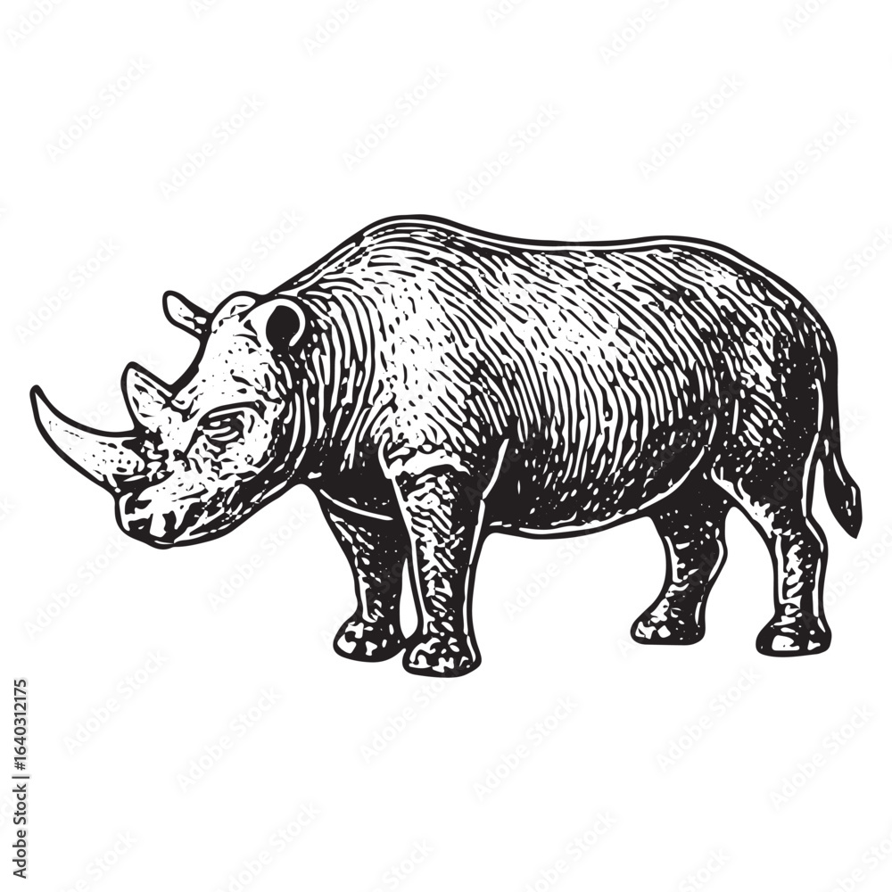 Fototapeta premium Classic Black and White Drawing of a Rhinoceros with Horns and Robust Build