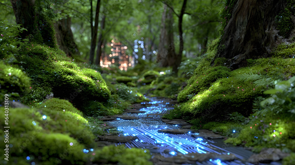 Obraz premium Small stream flowing through a mossy forest