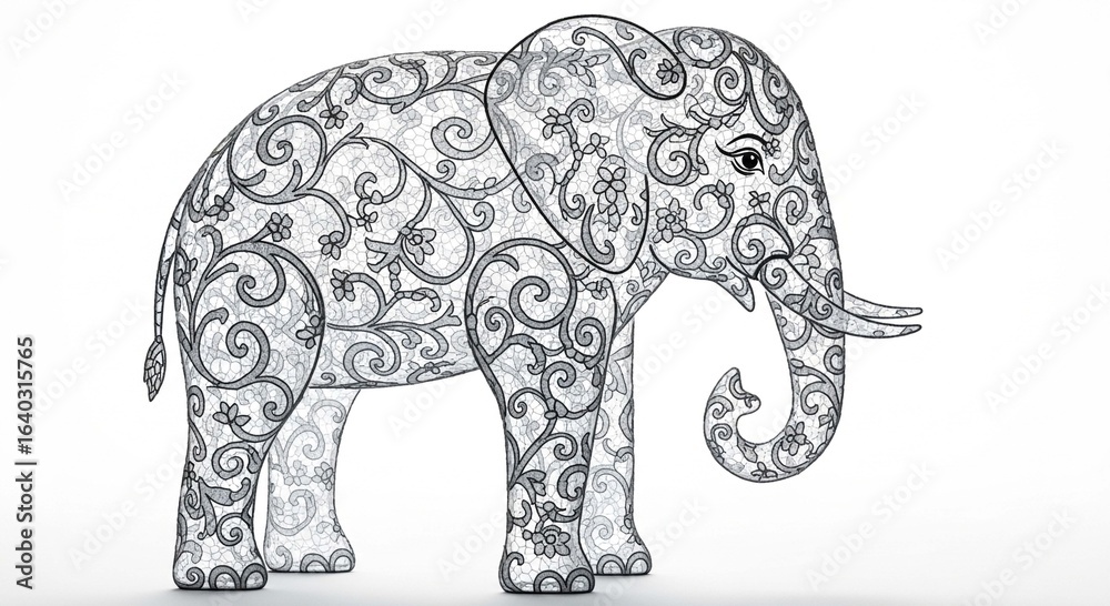 Fototapeta premium A stylized illustration of an elephant filled with intricate, swirling black and white floral and filigree patterns on a plain background.