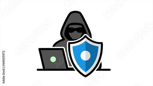 Animated Hacker with Shield Icon – Cybersecurity Protection Vector Illustration