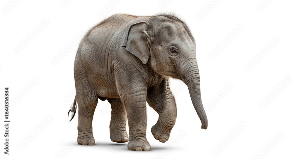 Fototapeta premium A cute young Asian elephant calf with wrinkled gray skin walking forward, isolated on a white background.