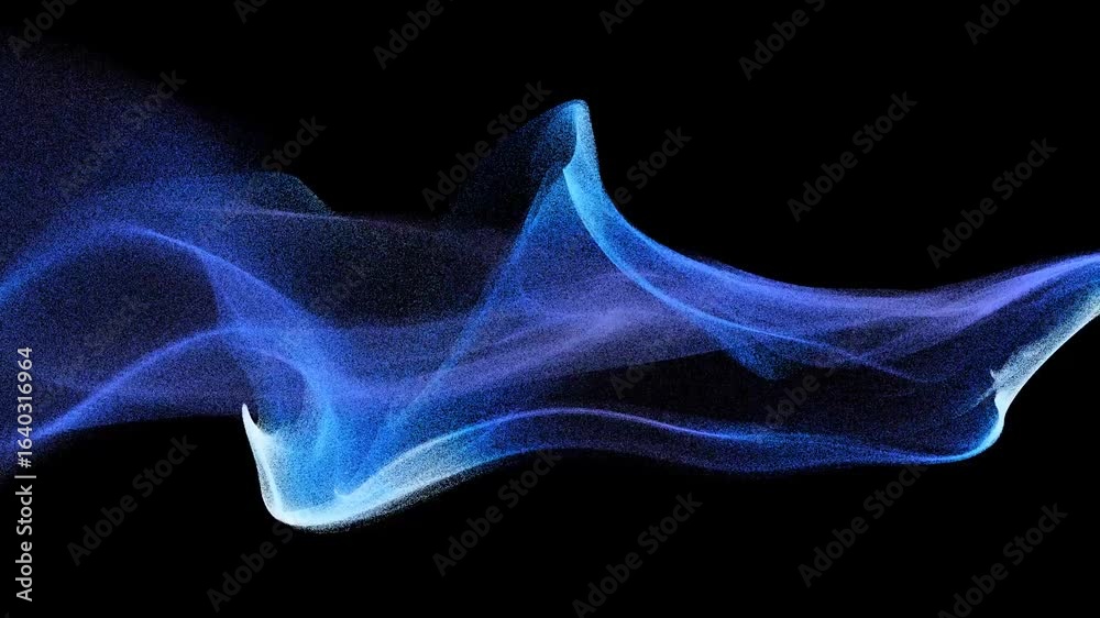 3d render video animation with surreal flow organic wave in smooth curve lines forms based on small dust sand particles spheres balls in glow azure blue white gradient color on a black background