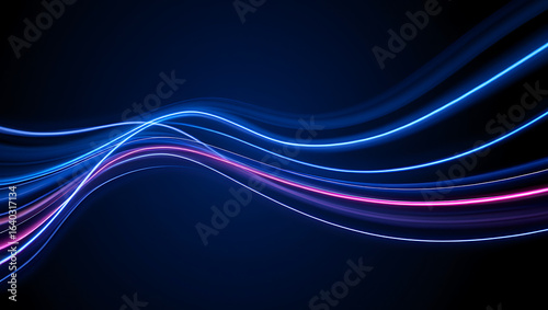 Abstract flowing neon light trails in vibrant blue and pink against a dark background creating a sense of movement and energy