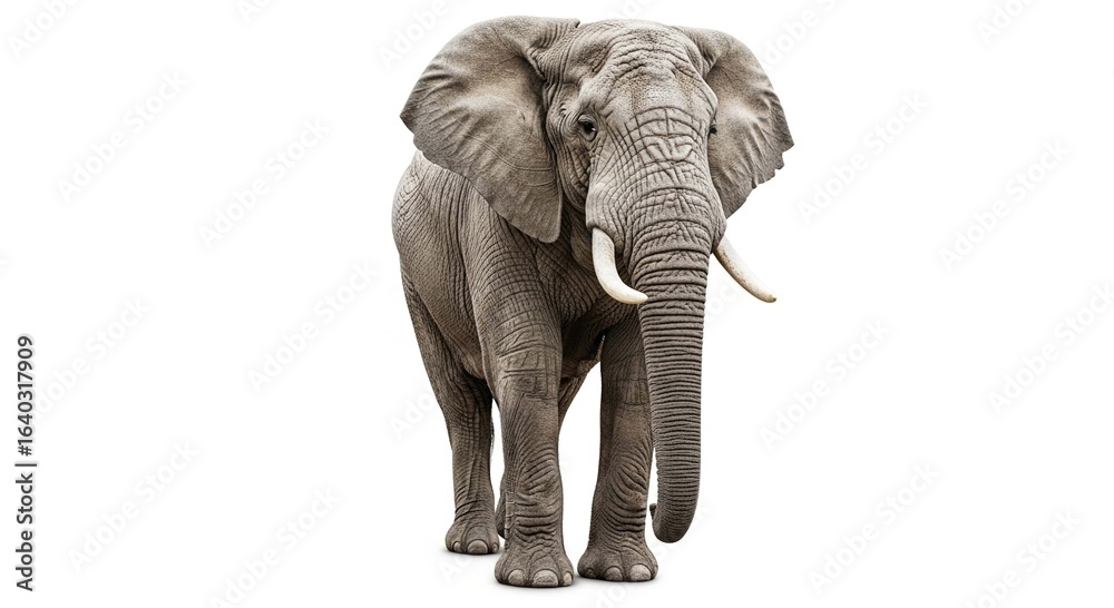 Obraz premium A large African elephant with prominent tusks walks forward, isolated against a plain white background.