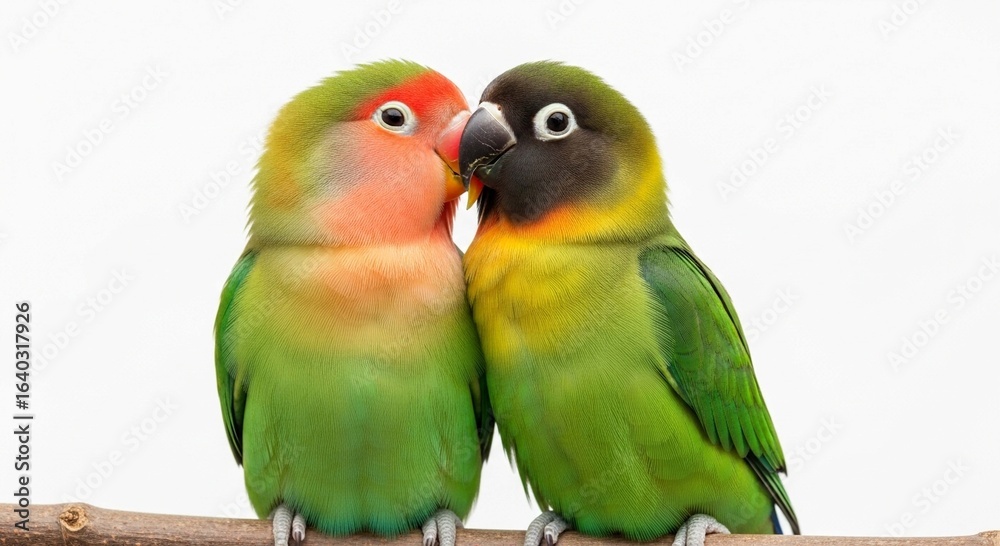 Obraz premium A pair of colorful green lovebirds, one peach-faced and one black-masked, sit affectionately close together on a branch against a white background.