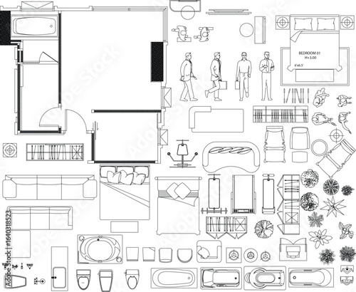 2D Vector Drawing of Bedroom Frame, Walk-in Closet, and Bathroom Fixtures