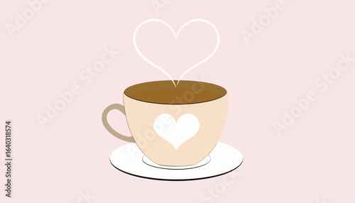 A charming illustration of a cup of coffee with a heart design and steam shaped like a love heart on a pink background.