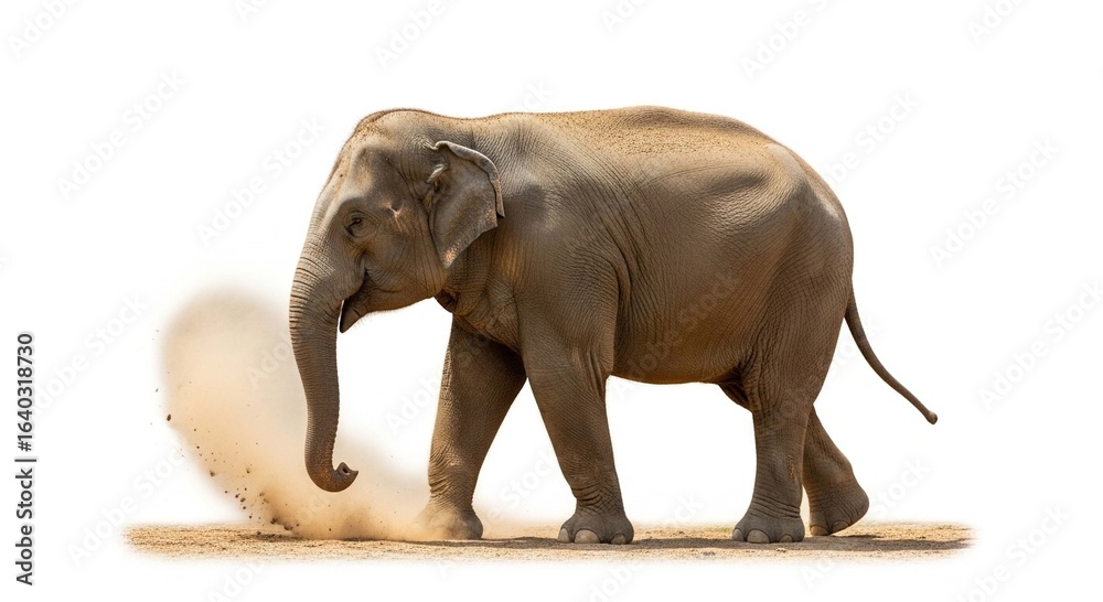 Obraz premium An Asian elephant walks on sandy ground, kicking up a cloud of dust, isolated on a white background.