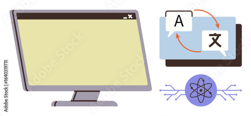 Desktop monitor beside language translation interface, recycling arrows, and AI symbol. Ideal for AI, translation, communication, multilingual tools, language learning, education digital technology