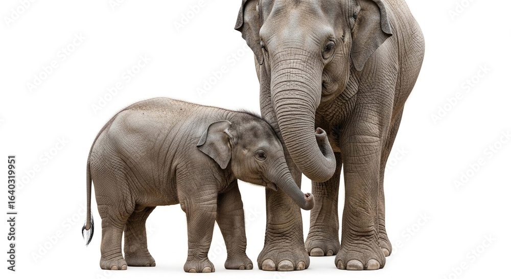 Naklejka premium A caring mother elephant stands protectively with her adorable young calf against a plain white background.